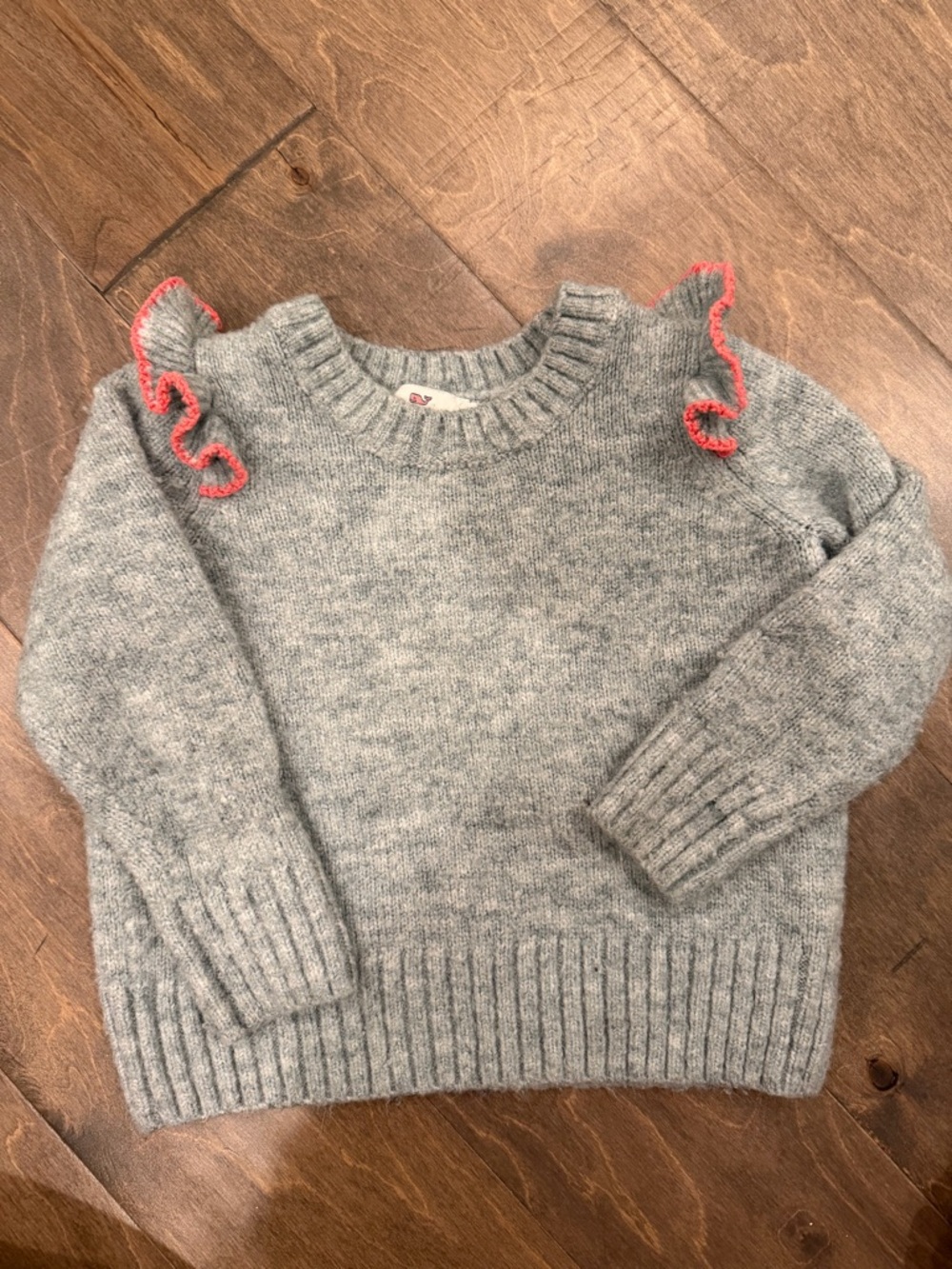 Vineyard Vines Gray Knit Sweater with Pink Ruffle Trim